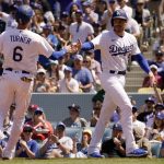 
              Los Angeles Dodgers' Trea Turner, left, and Freddie Freeman congratulate each other after they scored on a double by Max Muncy during the fourth inning of a baseball game against the Cincinnati Reds Sunday, April 17, 2022, in Los Angeles. (AP Photo/Mark J. Terrill)
            