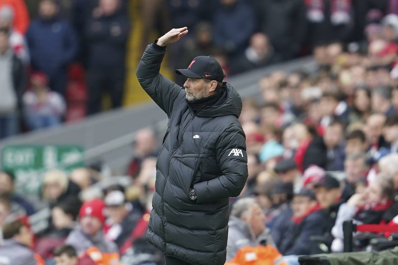 Liverpool's manager Jurgen Klopp gives instructions during the English Premier League soccer match ...