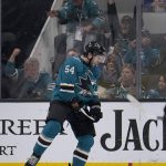 
              San Jose Sharks center Scott Reedy celebrates after scoring a goal against the Anaheim Ducks during the second period in an NHL hockey game Tuesday, April 26, 2022, in San Jose, Calif. (AP Photo/Tony Avelar)
            