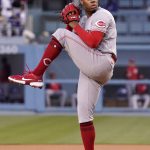 
              Cincinnati Reds starting pitcher Hunter Greene throws to the plate during the first inning of a baseball game against the Los Angeles Dodgers Saturday, April 16, 2022, in Los Angeles. (AP Photo/Mark J. Terrill)
            