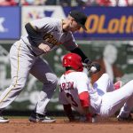 
              St. Louis Cardinals' Dylan Carlson (3) is safe at second ahead of the tag from Pittsburgh Pirates second baseman Josh VanMeter for a stolen base during the first inning of a baseball game Saturday, April 9, 2022, in St. Louis. (AP Photo/Jeff Roberson)
            