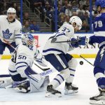 
              Toronto Maple Leafs goaltender Erik Kallgren (50) makes a save as defenseman Timothy Liljegren (37) keeps Tampa Bay Lightning center Ross Colton (79) from a rebound during the second period of an NHL hockey game Thursday, April 21, 2022, in Tampa, Fla. (AP Photo/Chris O'Meara)
            