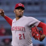 
              Cincinnati Reds starting pitcher Hunter Greene throws to the plate during the first inning of a baseball game against the Los Angeles Dodgers Saturday, April 16, 2022, in Los Angeles. (AP Photo/Mark J. Terrill)
            