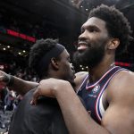 
              Toronto Raptors forward Pascal Siakam, left, and Philadelphia 76ers center Joel Embiid, right, embrace after Game 6 of an NBA basketball first-round playoff series in Toronto, Thursday, April 28, 2022. (Frank Gunn/The Canadian Press via AP)
            