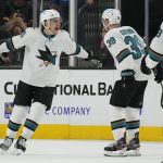 
              San Jose Sharks right wing Timo Meier, left, celebrates after scoring against the Vegas Golden Knights during the third period of an NHL hockey game Sunday, April 24, 2022, in Las Vegas. (AP Photo/John Locher)
            