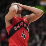 
              Toronto Raptors forward Scottie Barnes reacts after picking up a technical foul during the second half of an NBA basketball game against the Philadelphia 76ers on Thursday, April 7, 2022, in Toronto. (Frank Gunn/The Canadian Press via AP)
            