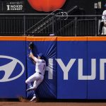 
              New York Mets left fielder Jeff McNeil (1) catches a fly ball hit by Arizona Diamondbacks' Ketel Marte in the fifth inning of a baseball game, Saturday, April 16, 2022, in New York. (AP Photo/John Minchillo)
            