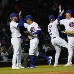 
              Chicago Cubs celebrate the team's 4-2 win over the Tampa Bay Rays after a baseball game Monday, April 18, 2022, in Chicago. (AP Photo/Charles Rex Arbogast)
            