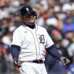 
              Detroit Tigers' Miguel Cabrera reacts to being called out on strikes against the New York Yankees in the sixth inning of a baseball game in Detroit, Thursday, April 21, 2022. (AP Photo/Paul Sancya)
            