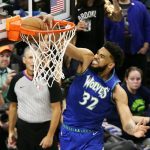 
              Minnesota Timberwolves center Karl-Anthony Towns dunks against the Memphis Grizzlies in the first half in Game 6 of an NBA basketball first-round playoff series Friday, April 29, 2022, in Minneapolis. (AP Photo/Andy Clayton-King)
            