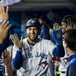 
              Toronto Blue Jays center fielder George Springer (4) celebrates after scoring a run during the first inning of a baseball game against the Texas Rangers, Saturday, April 9, 2022, in Toronto. (Christopher Katsarov/The Canadian Press via AP)
            