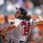 
              Boston Red Sox relief pitcher Hirokazu Sawamura throws during the fifth inning of a baseball game against the Detroit Tigers, Tuesday, April 12, 2022, in Detroit. (AP Photo/Carlos Osorio)
            