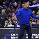 
              Philadelphia 76ers' Doc Rivers reacts during the second half of Game 2 of an NBA basketball first-round playoff series against the Toronto Raptors, Monday, April 18, 2022, in Philadelphia. (AP Photo/Matt Slocum)
            