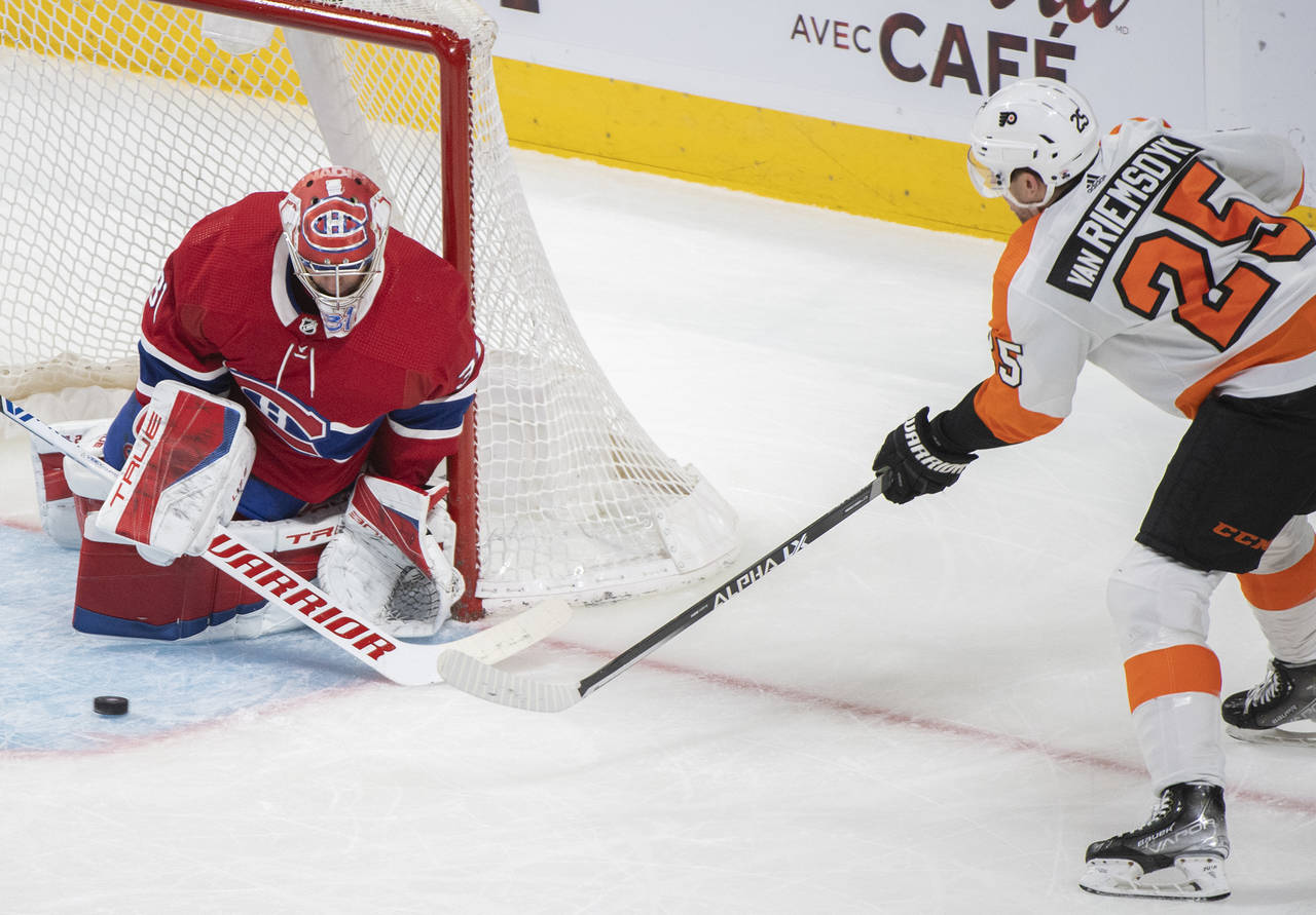 Philadelphia Flyers' James van Riemsdyk shoots on Montreal Canadiens goaltender Carey Price during ...