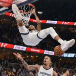 
              Memphis Grizzlies guard Ziaire Williams (8) dunks the ball as center Brandon Clarke reacts during the first half of Game 1 of a first-round NBA basketball playoff series against the Minnesota Timberwolves Saturday, April 16, 2022, in Memphis, Tenn. (AP Photo/Brandon Dill)
            