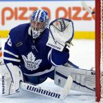 
              Toronto Maple Leafs goaltender Jack Campbell (36) makes a save during the first period of an NHL hockey game against the New York Islanders, in Toronto, Sunday, April 17, 2022. (Frank Gunn/The Canadian Press via AP)
            