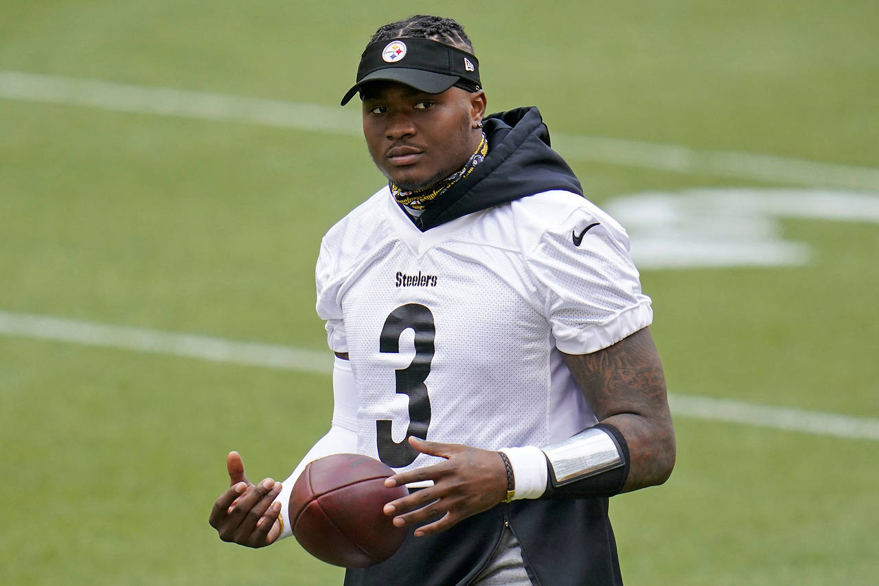FILE - Pittsburgh Steelers quarterback Dwayne Haskins works during the team's NFL minicamp football...