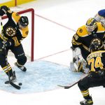 
              Boston Bruins defenseman Derek Forbort, left, makes an open net skate save after Bruins goaltender Linus Ullmark (35) slid out of the crease while attempting to stop a shot by Buffalo Sabres left wing Jeff Skinner, top right, during the first period of an NHL hockey game, Thursday, April 28, 2022, in Boston. (AP Photo/Charles Krupa)
            