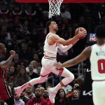 
              Chicago Bulls guard Zach LaVine drives to the basket against the Miami Heat during the first half of an NBA basketball game in Chicago, Saturday, April 2, 2022. (AP Photo/Nam Y. Huh)
            