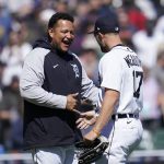 
              Detroit Tigers' Miguel Cabrera and Austin Meadows (17) celebrate beating the New York Yankees 3-0 after a baseball game in Detroit, Thursday, April 21, 2022. (AP Photo/Paul Sancya)
            