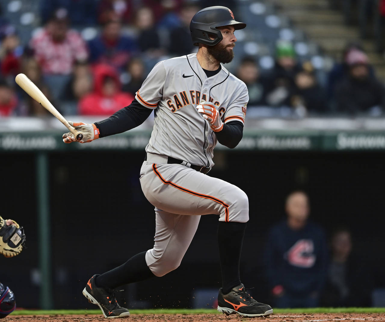 San Francisco Giants Brandon Belt watches the ball after hitting a two-RBI single in the fifth inni...