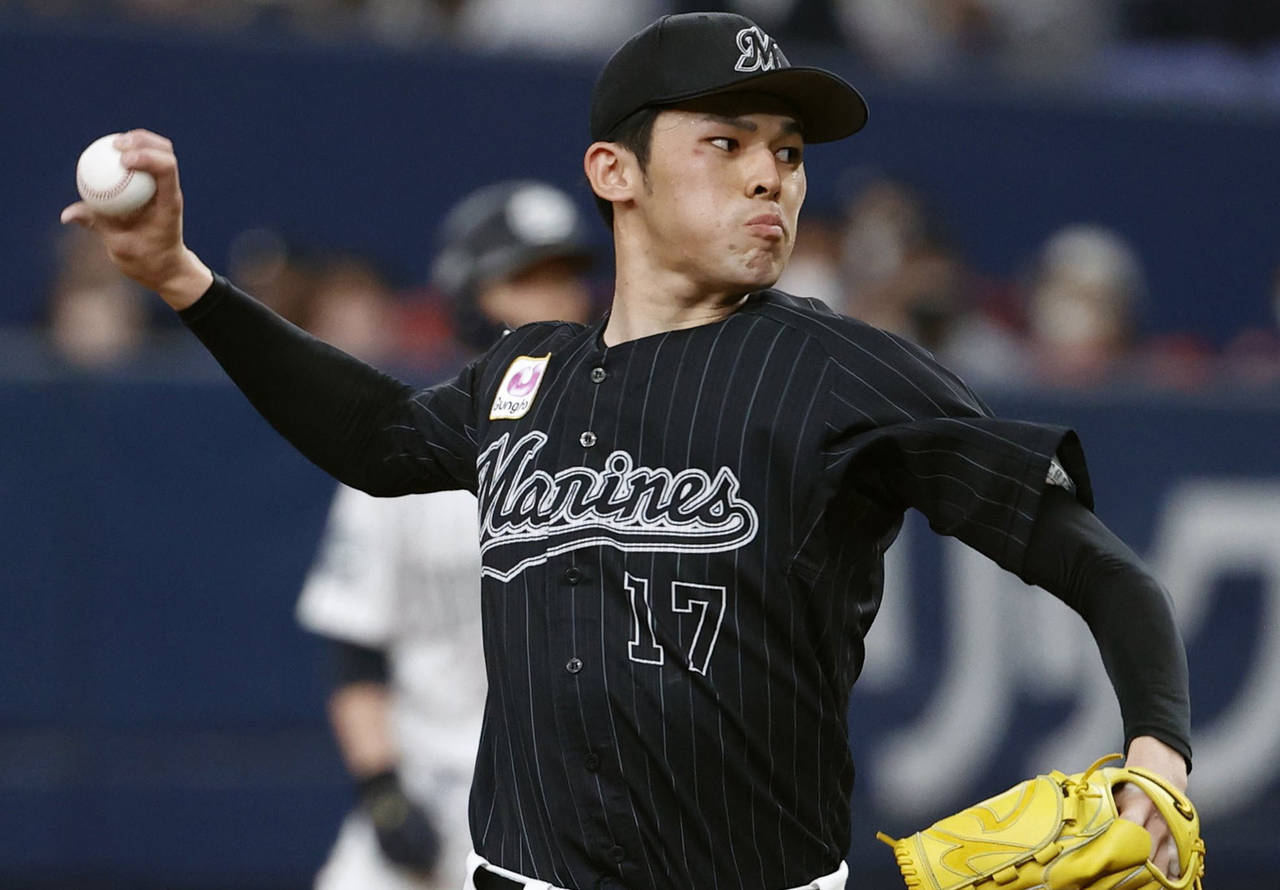 Chiba Lotte Marines Roki Sasaki pitches during a game against the Orix Buffaloes in Osaka, western ...
