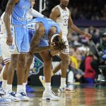 
              North Carolina forward Armando Bacot reacts during the second half of a college basketball game against Kansas in the finals of the Men's Final Four NCAA tournament, Monday, April 4, 2022, in New Orleans. (AP Photo/Brynn Anderson)
            