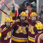
              Minnesota's Matthew Knies, center rear, celebrates his goal with teammates during the first period of an NCAA men's Frozen Four college hockey semifinal against Minnesota State, Thursday, April 7, 2022, in Boston. (AP Photo/Michael Dwyer)
            