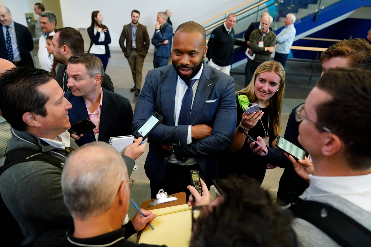 Villanova NCAA college basketball coach Kyle Neptune speaks with members of the media during a news...