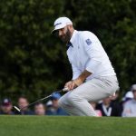 
              Dustin Johnson reacts after missing a putt on the third hole during the second round at the Masters golf tournament on Friday, April 8, 2022, in Augusta, Ga. (AP Photo/Charlie Riedel)
            