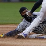 
              Tampa Bay Rays' Wander Franco is tagged out by Chicago White Sox shortstop Tim Anderson at second during the first inning of a baseball game in Chicago, Friday, April 15, 2022. (AP Photo/Nam Y. Huh)
            