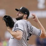 
              Chicago White Sox starting pitcher Lucas Giolito throws during the first inning of a baseball game against the Detroit Tigers, Friday, April 8, 2022, in Detroit. (AP Photo/Carlos Osorio)
            