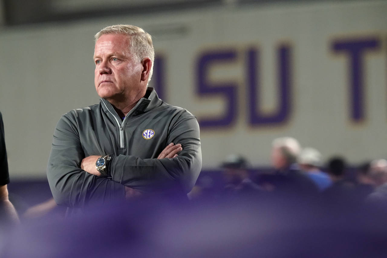 LSU head coach Brian Kelly watches during LSU Pro Day in Baton Rouge, La., Wednesday, April 6, 2022...