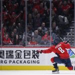 
              Washington Capitals left wing Alex Ovechkin celebrates his goal during the first period of the team's NHL hockey game against the Tampa Bay Lightning, Wednesday, April 6, 2022, in Washington. (AP Photo/Nick Wass)
            