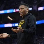 
              Los Angeles Lakers' Russell Westbrook gestures to officials during the first half of the team's NBA basketball game against the Golden State Warriors in San Francisco, Thursday, April 7, 2022. (AP Photo/Jeff Chiu)
            