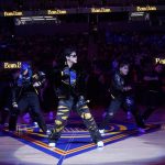 
              Musician BamBam, middle, performs during halftime of an NBA basketball game between the Golden State Warriors and the Los Angeles Lakers in San Francisco, Thursday, April 7, 2022. (AP Photo/Jeff Chiu)
            