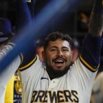 
              Milwaukee Brewers' Omar Narvaez reacts after hitting a home run during the second inning of a baseball game against the St. Louis Cardinals Thursday, April 14, 2022, in Milwaukee. (AP Photo/Morry Gash)
            