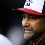 
              Washington Nationals manager Dave Martinez looks on from the dugout before a baseball game against the Miami Marlins, Wednesday, April 27, 2022, in Washington. (AP Photo/Nick Wass)
            
