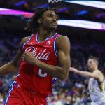 
              Philadelphia 76ers' Tyrese Maxey reacts to his breakaway dunk during the second half of an NBA basketball game against the Indiana Pacers, Saturday, April 9, 2022, in Philadelphia. The 76ers won 133-120. (AP Photo/Chris Szagola)
            