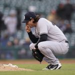 
              New York Yankees pitcher Gerrit Cole reacts after allowing a walk to Detroit Tigers' Willi Castro with the bases loaded in the second inning of a baseball game in Detroit, Tuesday, April 19, 2022. (AP Photo/Paul Sancya)
            