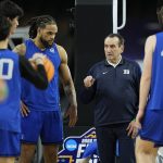 
              Duke head coach Mike Krzyzewski talks during practice for the men's Final Four NCAA college basketball tournament, Friday, April 1, 2022, in New Orleans. (AP Photo/David J. Phillip)
            