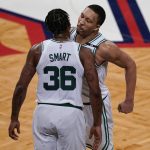 
              Boston Celtics forward Grant Williams, right, celebrates with guard Marcus Smart (36) during the second half of Game 4 of an NBA basketball first-round playoff series against the Brooklyn Nets, Monday, April 25, 2022, in New York. (AP Photo/John Minchillo)
            