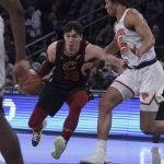 
              Cleveland Cavaliers forward Cedi Osman (16) drives against New York Knicks during an NBA basketball game Saturday April 2, 2022, in New York. (AP Photo/Bebeto Matthews)
            