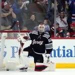 
              New Jersey Devils goaltender Nico Daws (50) reacts after New York Rangers' Chris Kreider scored a goal during the first period of an NHL hockey game Tuesday, April 5, 2022, in Newark, N.J. (AP Photo/Frank Franklin II)
            