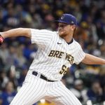 
              Milwaukee Brewers starting pitcher Eric Lauer throws during the first inning of a baseball game against the Chicago Cubs Saturday, April 30, 2022, in Milwaukee. (AP Photo/Morry Gash)
            