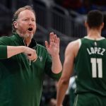 
              Milwaukee Bucks head coach Mike Budenholzer reacts during the first half of Game 5 of their NBA playoff basketball game Wednesday, April 27, 2022, in Milwaukee. (AP Photo/Morry Gash)
            