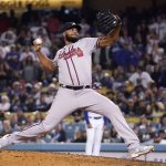 
              Atlanta Braves relief pitcher Kenley Jansen throws to the plate during the ninth inning of a baseball game against the Los Angeles Dodgers Tuesday, April 19, 2022, in Los Angeles. (AP Photo/Mark J. Terrill)
            