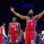 
              Philadelphia 76ers' James Harden reacts during the first half of Game 2 of an NBA basketball first-round playoff series against the Toronto Raptors, Monday, April 18, 2022, in Philadelphia. (AP Photo/Matt Slocum)
            
