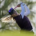 
              Jennifer Kupcho hits from the eighth tee during the second round of the LPGA Chevron Championship golf tournament Friday, April 1, 2022, in Rancho Mirage, Calif. (AP Photo/Marcio Jose Sanchez)
            