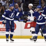 
              Tampa Bay Lightning center Steven Stamkos (91) and center Brayden Point (21) celebrate Stamkos' goal during the first period of an NHL hockey game against the Columbus Blue Jackets Tuesday, April 26, 2022, in Tampa, Fla. (AP Photo/Jason Behnken)
            